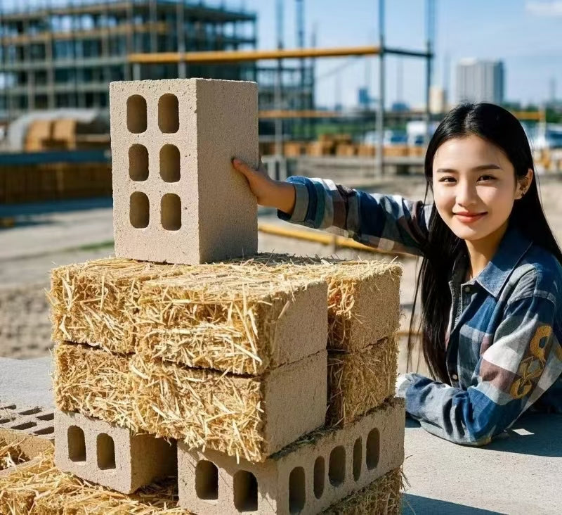 Person holding a brick with a straw-bale wall in the background
