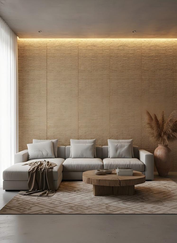 Modern living room with a sectional sofa, coffee table, and decorative elements.