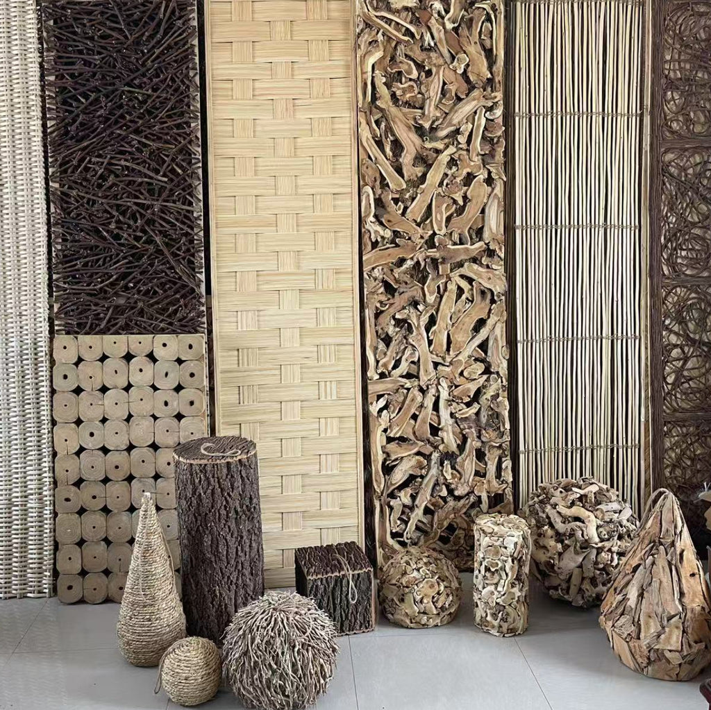 Collection of natural wood and rattan products in a display setting.