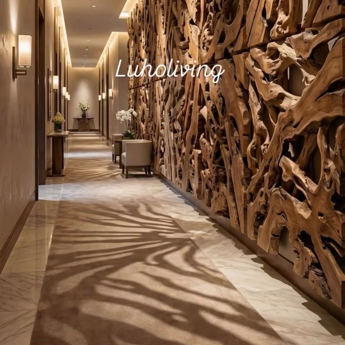 Hallway with Wabi-Sabi wall design and text overlay.