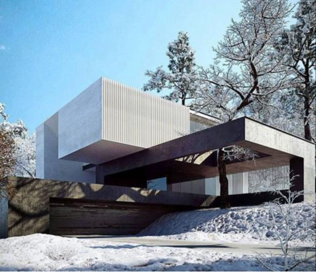Modern house in a snowy landscape with trees
