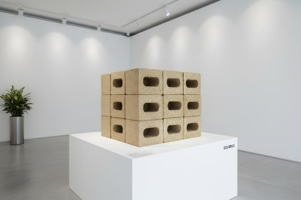 Close-up of wheat straw fiber concrete blocks with visible texture and holes 
