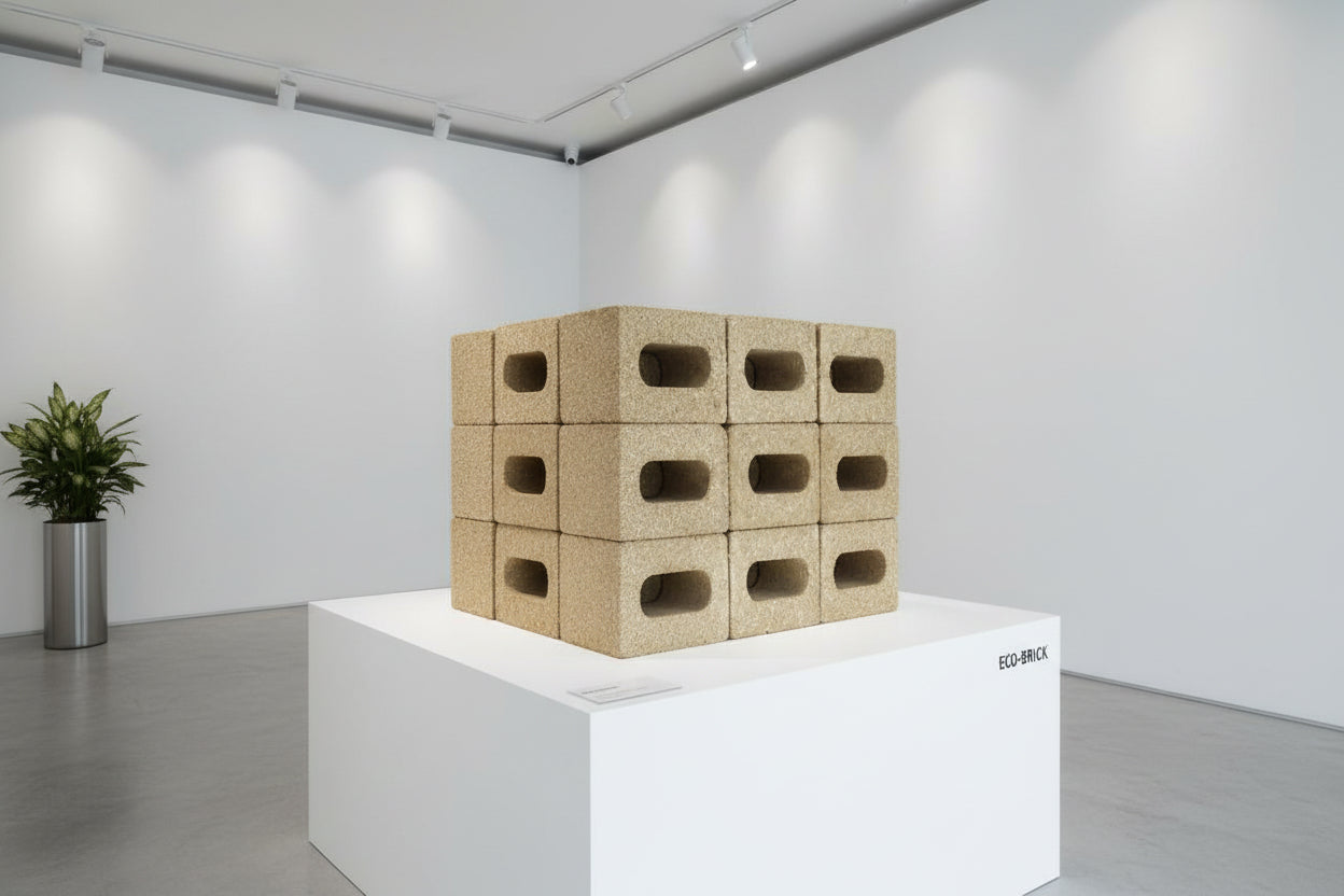 Close-up of wheat straw fiber concrete blocks with visible texture and holes 