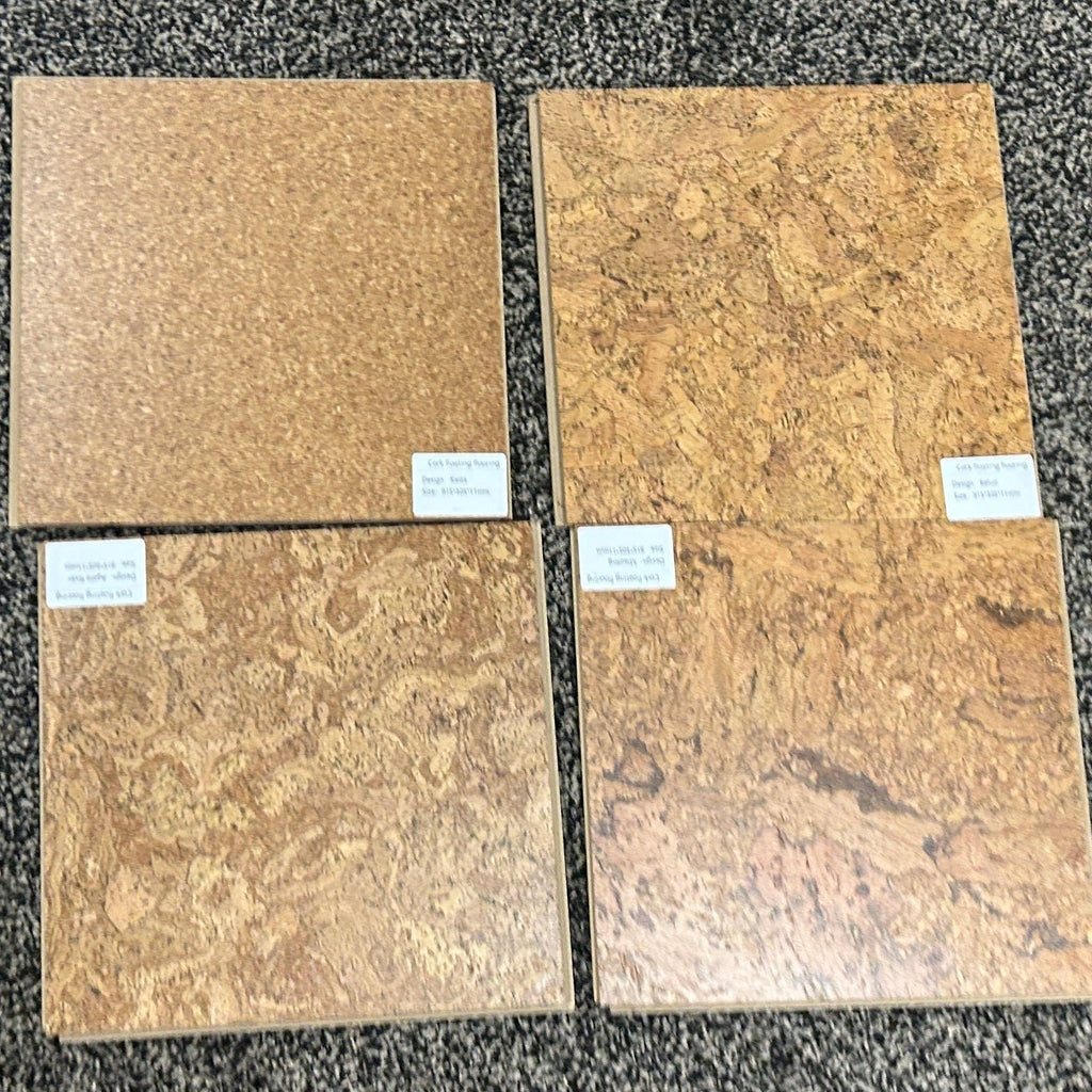 Five brown tiles on a gray carpet with labels