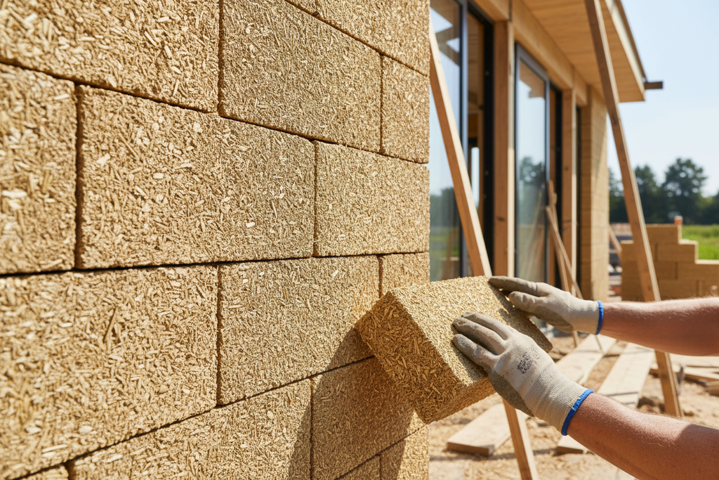 Person building a wall with blocks made from wheat stalk.