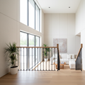 Stairwell with wooden handrail and tiled walls made from our Linen Acoustic panels. healthy natural