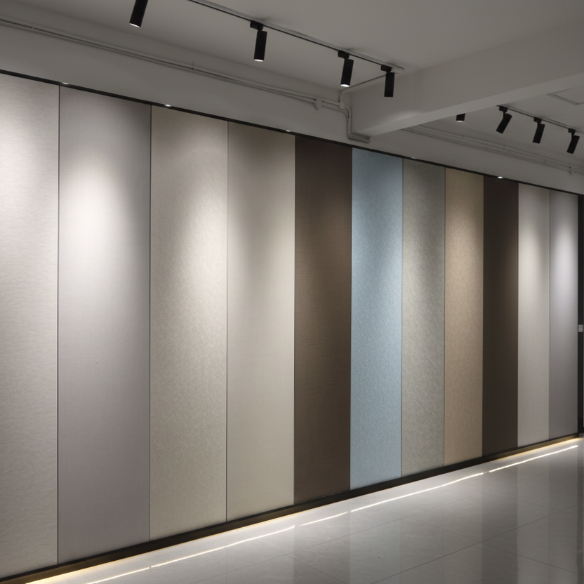 Wall with sliding linen acoustic specialty panels in a showroom setting