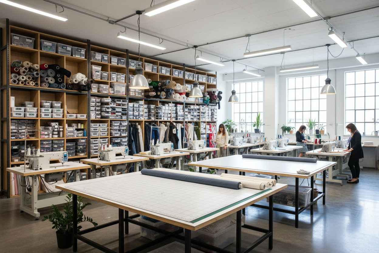 Workshop or studio with tables, shelves, and people in a well-lit room.