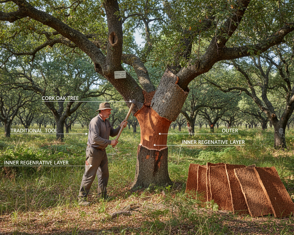 Man working on an oak tree with labeled layers in a forest setting