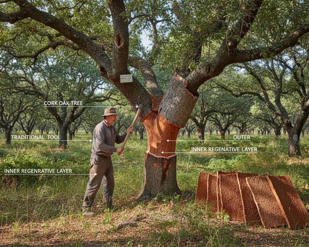 Man working on an oak tree with labeled layers in a forest setting