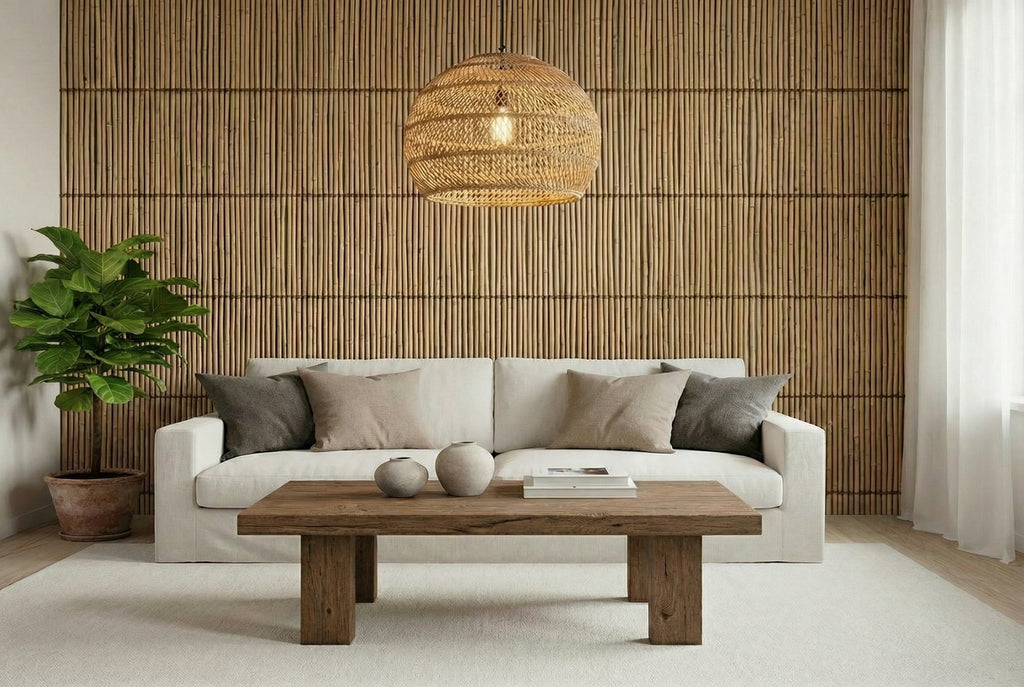 Modern living room with a white sofa, wooden coffee table, and decorative items.