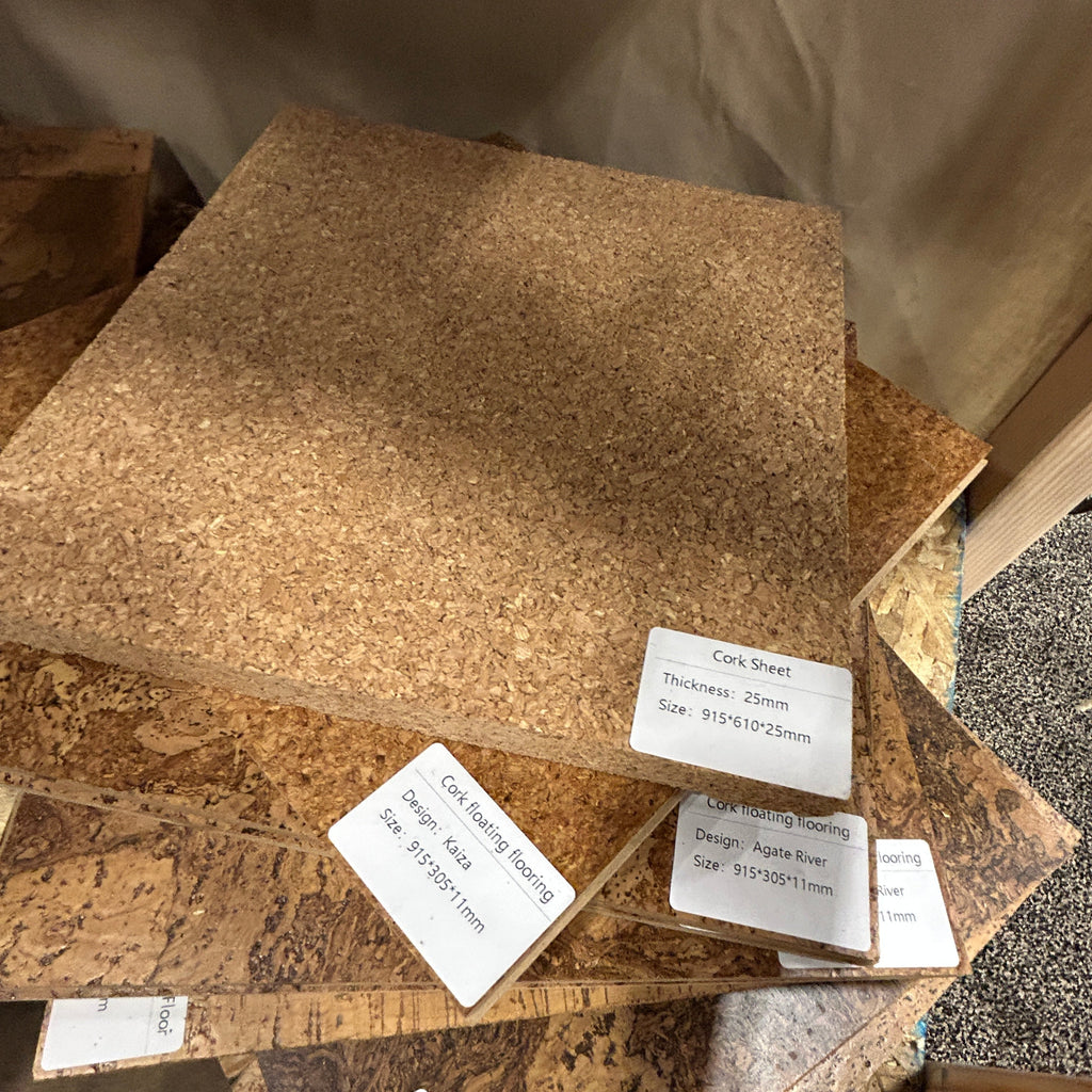 Cork sheets with labels on a wooden surface