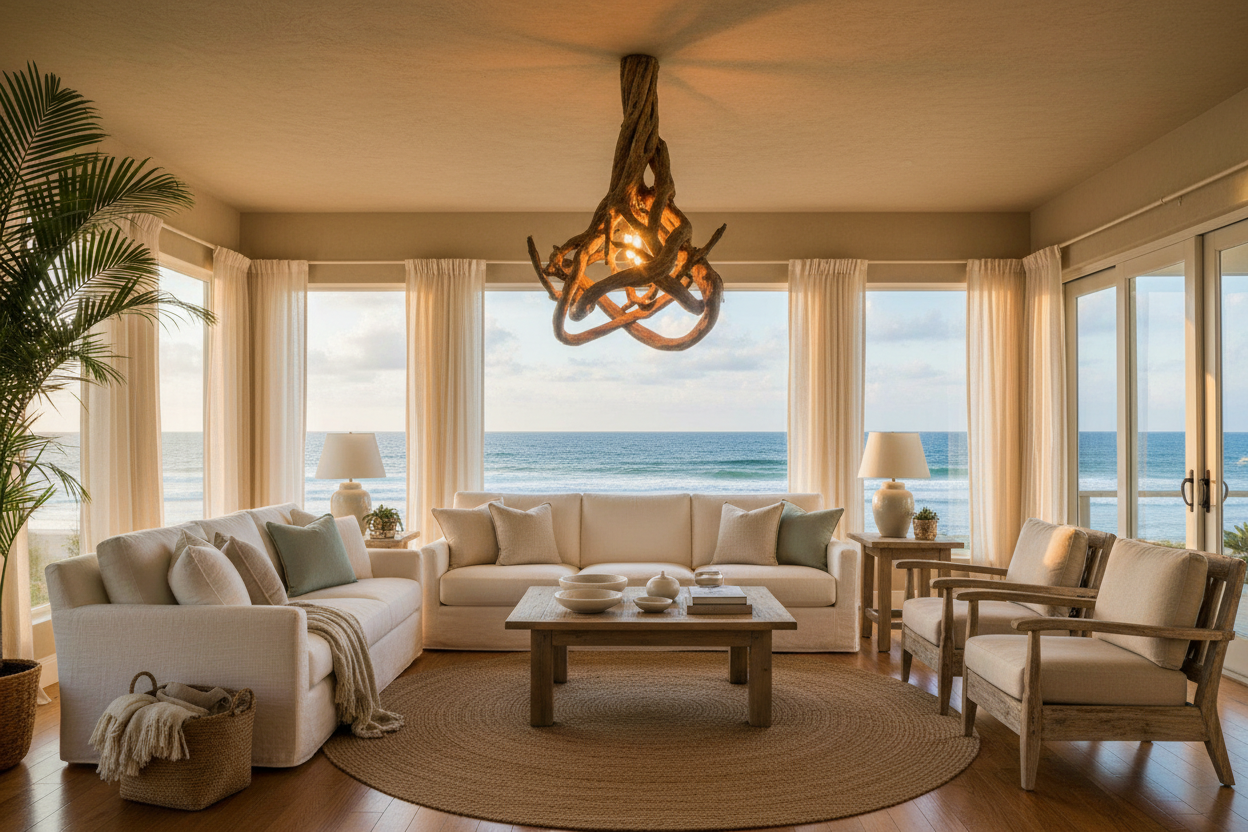 Living room with ocean view, white sofas, wooden coffee table, and decorative lighting.