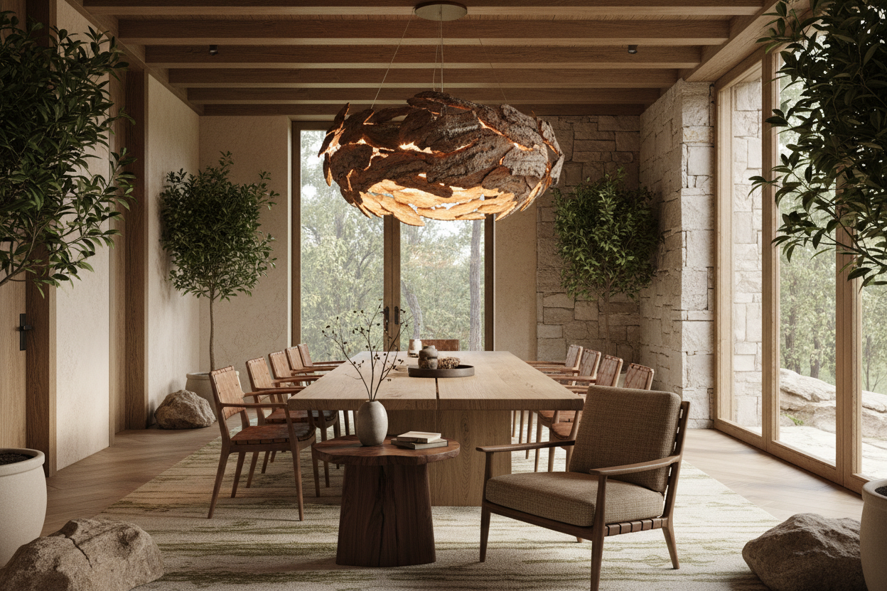 Modern dining room with wooden table and chairs, large windows, and a rustic pendant light.