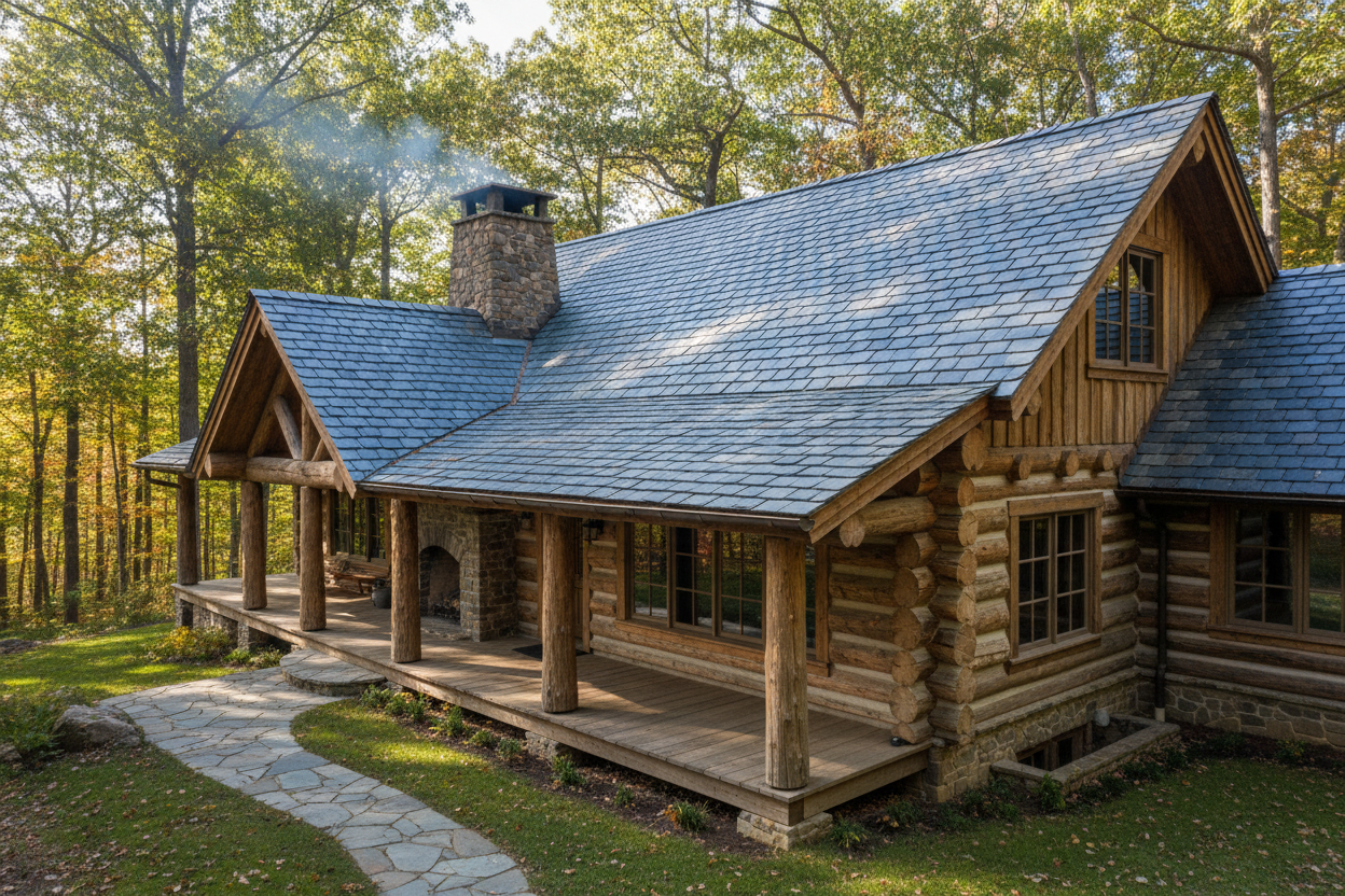 slate roof on log house