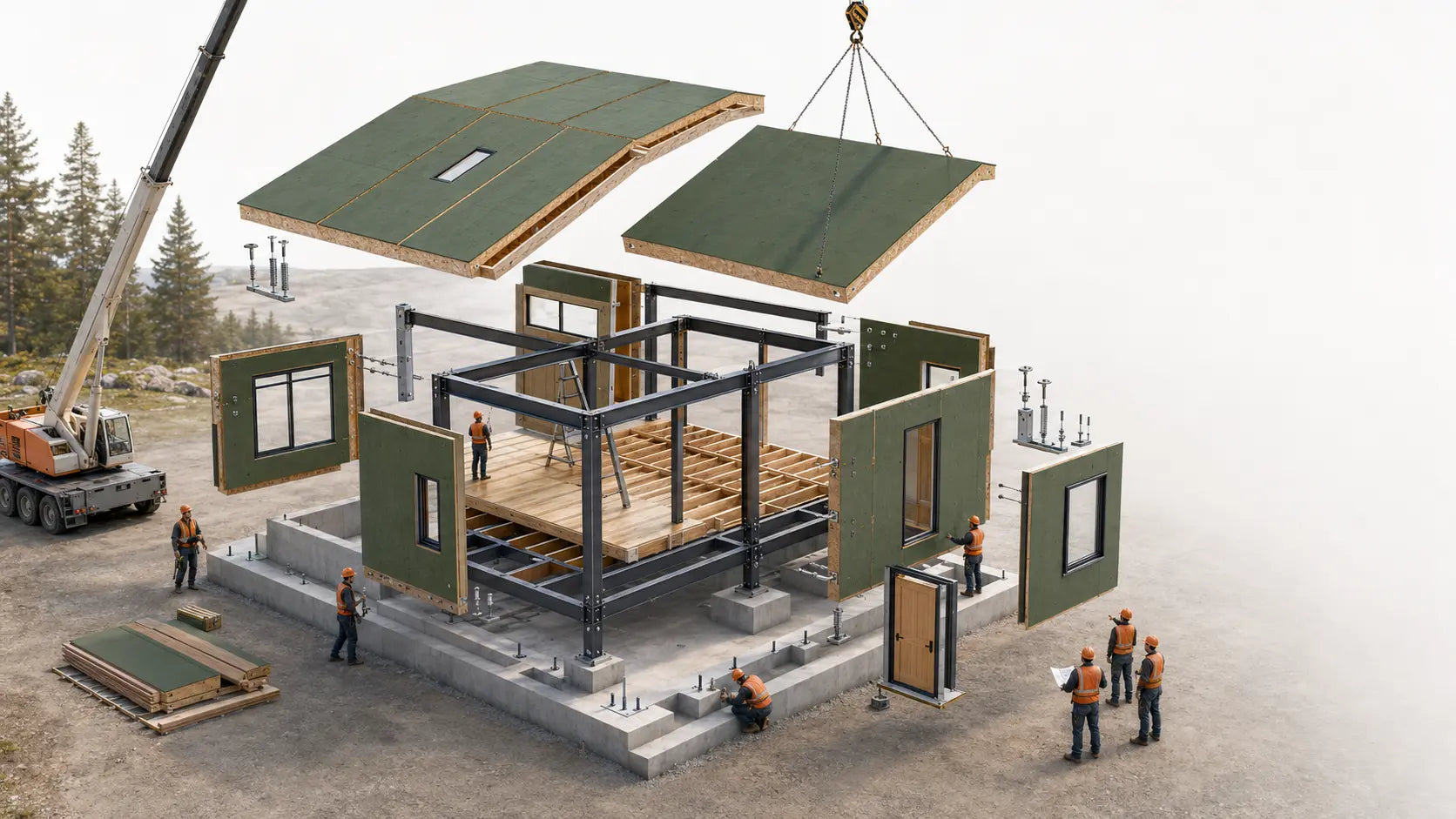 Crane-assisted assembly of a panelized house around an engineered structural frame