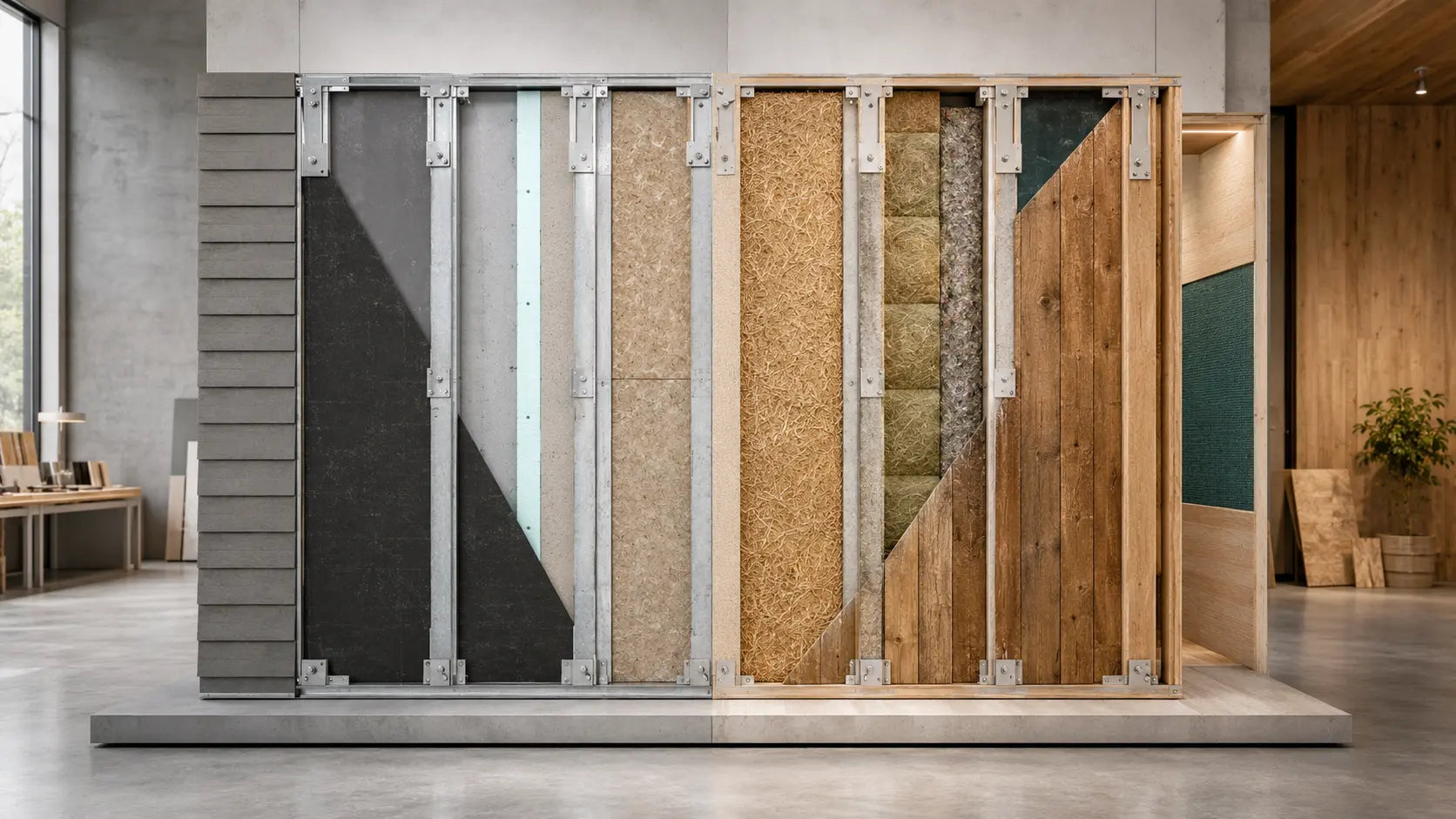 A material wall comparing conventional panels with wheat straw hemp wool recycled textile and reclaimed wood options