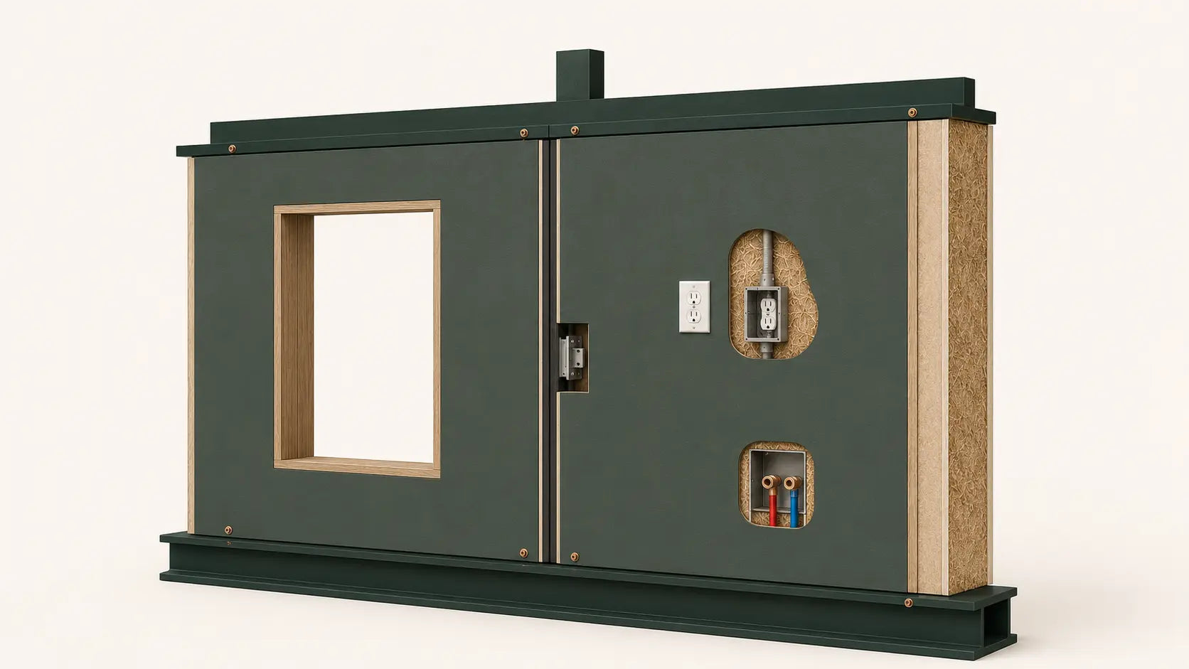 KiTerra wall panels with window opening electrical conduit outlets plumbing and insulated core